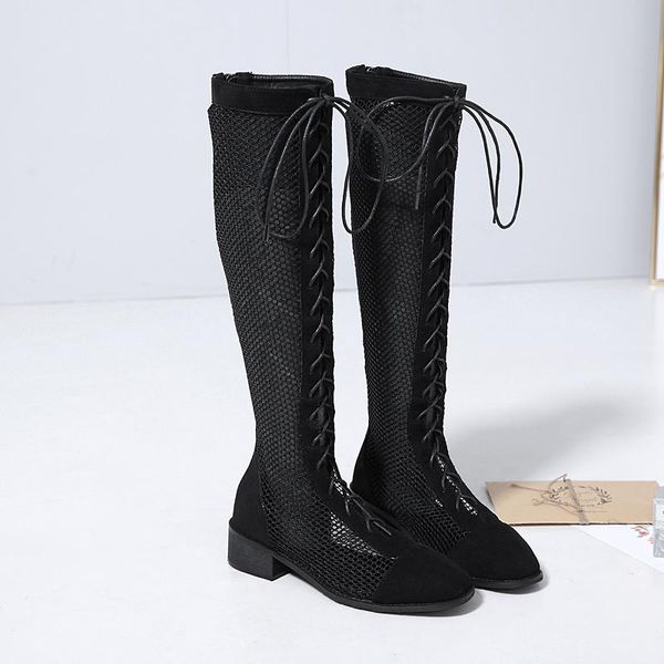 

boots summer round head hollow cross lacing mesh women's mid-tube rear zipper sandals low-heeled net shoes, Black