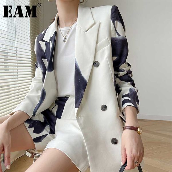 

[eam] women pattern printed big size blazer lapel long sleeve loose fit jacket fashion spring autumn 1de1723 211019, White;black