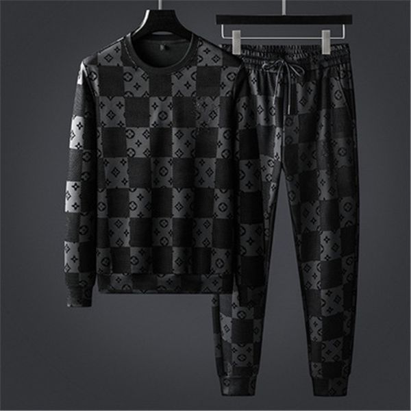 

outdoor jackets long-sleeved sweater suit men's 2021 korean version of the plaid print casual sports two-piece autumn outfit, Blue;black