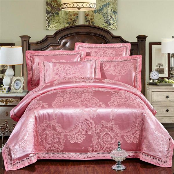 

bedding sets 4pcs satin hollowed jacquard lace luxury bed set double  king size duvet sheet cover pillowcase
