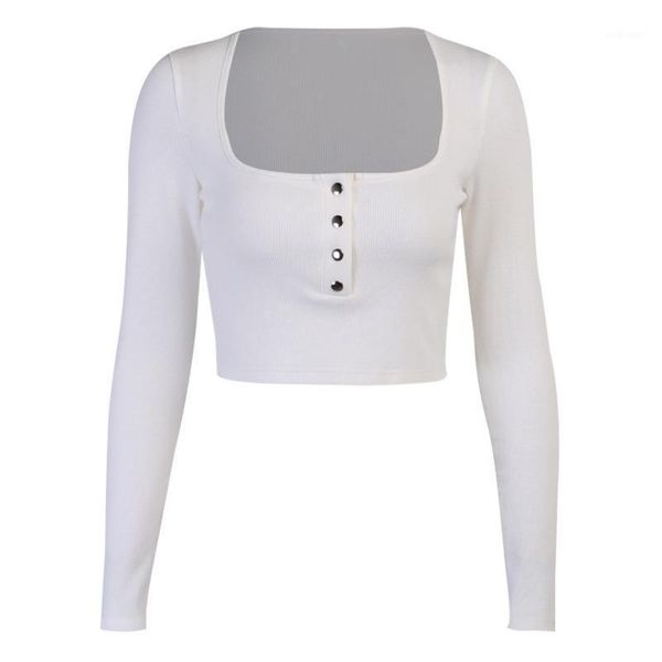

women's t-shirt spring women tees solid square-neck short long sleeve slim single breasted casual streetwear cotton shirt, White