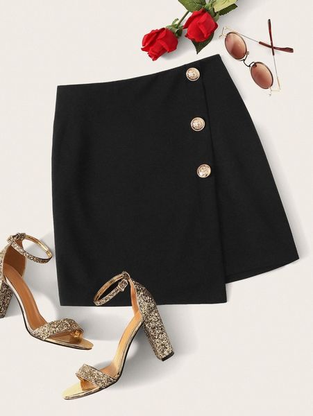 

button side zipper wrap skirt 8188#, Black