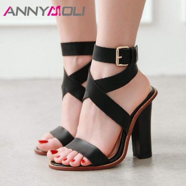 

women gladiator shoes summer sandals thick high heels ankle strap cross-tied buckle party lady size 33-46, Black