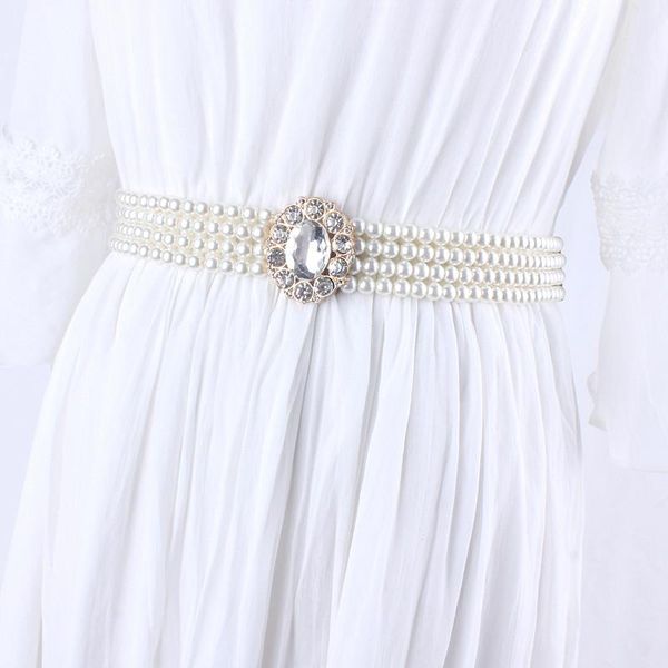 

belts fashion sweet elastic rhinestone pearl waist chain belt for women dress korean wedding rope bride ladies girls gifts, Black;brown