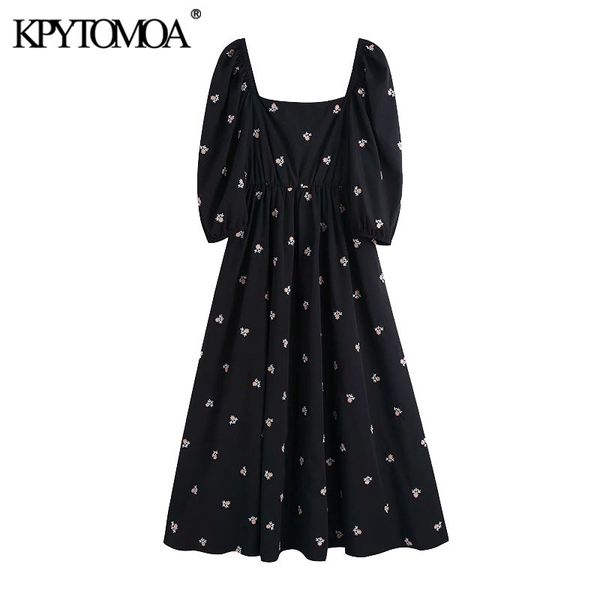 

women chic fashion floral embroidery midi dress vintage square collar elastic trim female dresses vestidos mujer 210416, Black;gray