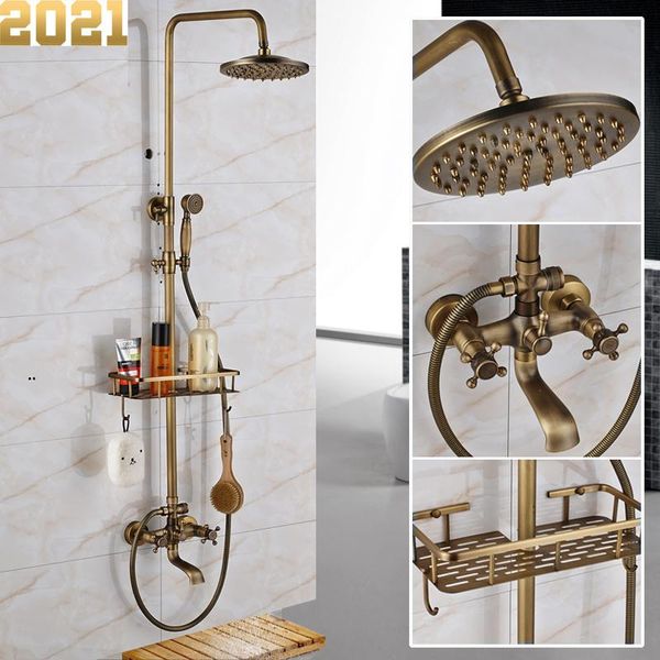 

antique brass wall mounted bathtub shower set faucet dual handle with commodity shelf long spout bathroom mixers rainfall sets