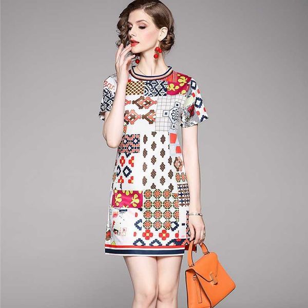 

summer geometry pattern print dress women short sleeve party vintage chiffon dress fashion vestidos 210529, Black;gray