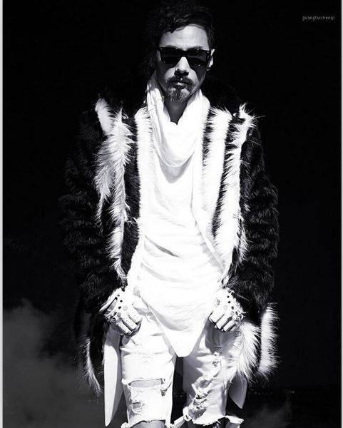 

spliced hooded coat men faux fur thick full sleeve casual loose vintage winter wild men's &, Black