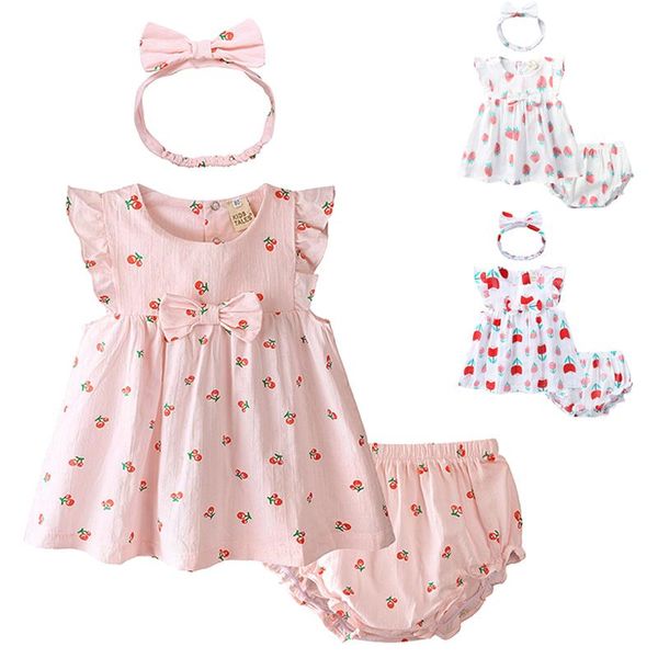 

clothing sets 2021 infants 3pcs outfits 0-36 months born baby girl clothes sweet printed vest dress + briefs headband cotton set, White