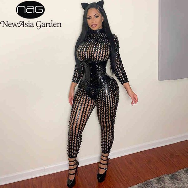 

newasia matching sets long sleeve cut out black jumpsuit leather tie up corset belt 2 piece set bodycon club outfits for women 210413, White