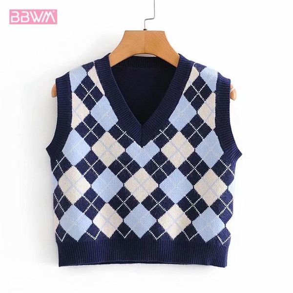 

women's sweaters fall fashion diamond check v-neck sleeveless sweater vintage college style contrast outside knitting vest chic female, White;black