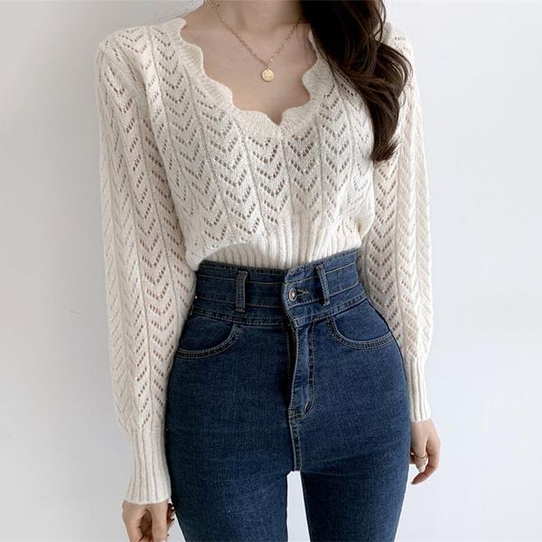 

women's sweaters korean women sweater pullover french wave edge v-neck exposed clavicle hollow out loose mohair top, White;black