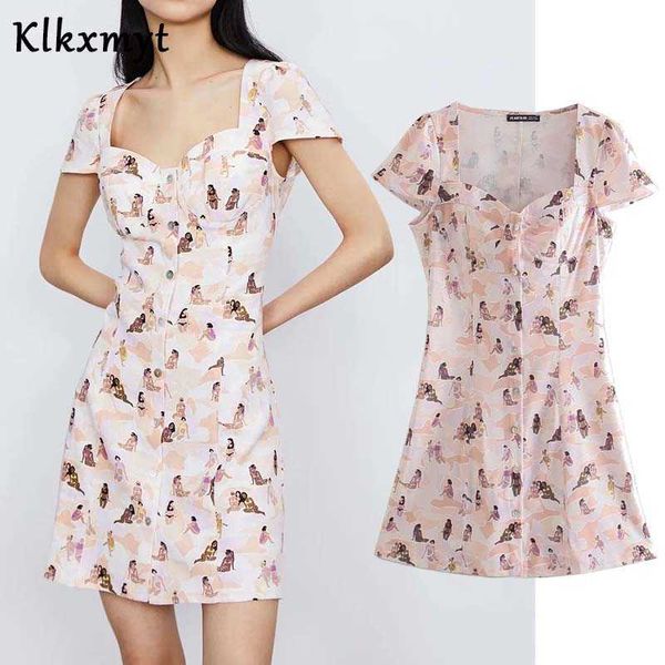 

klkxmyt za women summer dress fashion character print mini casual short sleeve button-up female beach es vestido 210527, Black;gray