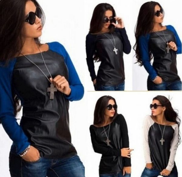 

new round neck fashion pu leather t-shirt for women, Black;gray
