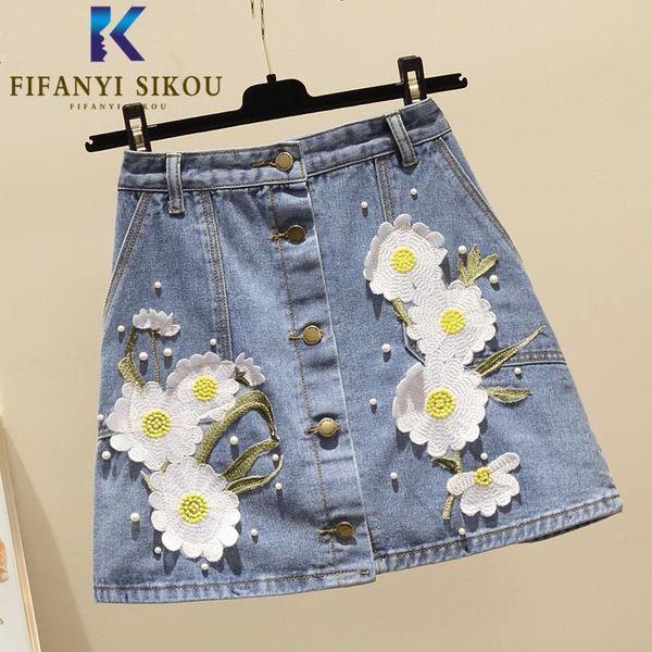 

skirts high waist denim skirt women fashion button embroidery beading a-line mini summer loose plus size jeans 2021, Black