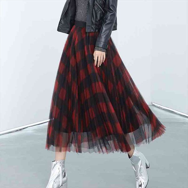 

winter vintage plaid pleated maxi long tulle skirts elegant red green check tartan a-line ankle long mesh skirts, Black