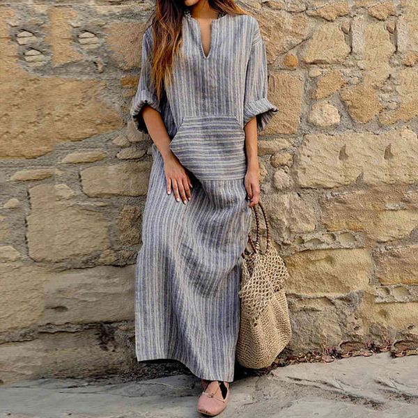 

chamsgend bohemian loose long summer womens dresses cotton and linen yarn dyed striped vestidos short sleeve elegant, Black;gray