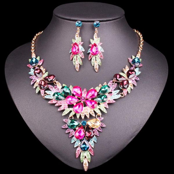 

earrings & necklace fashion pink crystal gold color sets bridal jewelry for brides wedding party costume jewellery set, Silver