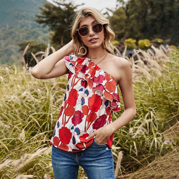 

floral print one shoulder women summer backless sleeveless patchwork ruffles tank woman casual loose red 210414, White