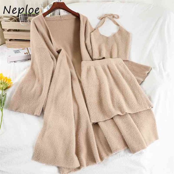 

ins autumn winter 3 piece set halter vest + stretch waist skirts mid-length knitted women jacket solid color suit 210422, White