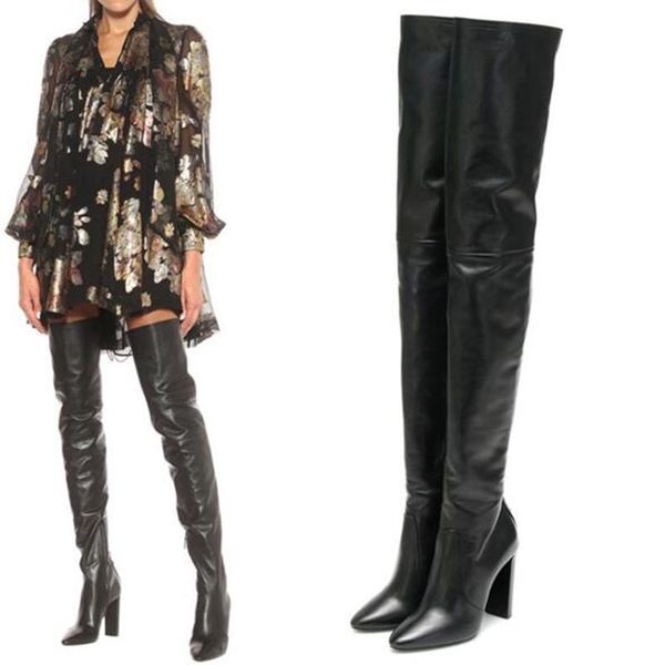 

boots women2022 fashion thigh high genuine leather glossy trousers pointed toe sleeve back lace up zipper knight, Black