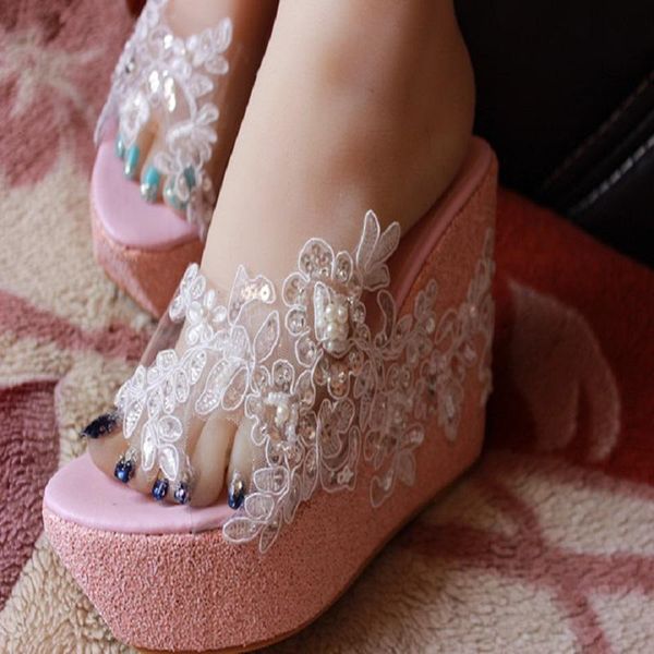 

slippers original handmade lace beaded sequins transparent fish mouth wedge with fresh thai pink sandals and fashion, Black