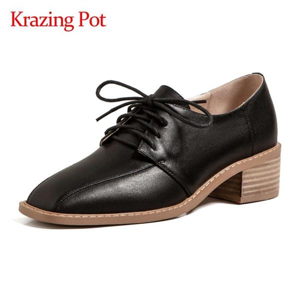 

dress shoes krazing pot natural leather square toe med heel classic colors young lady daily wear high street fashion cozy women pumps l13, Black