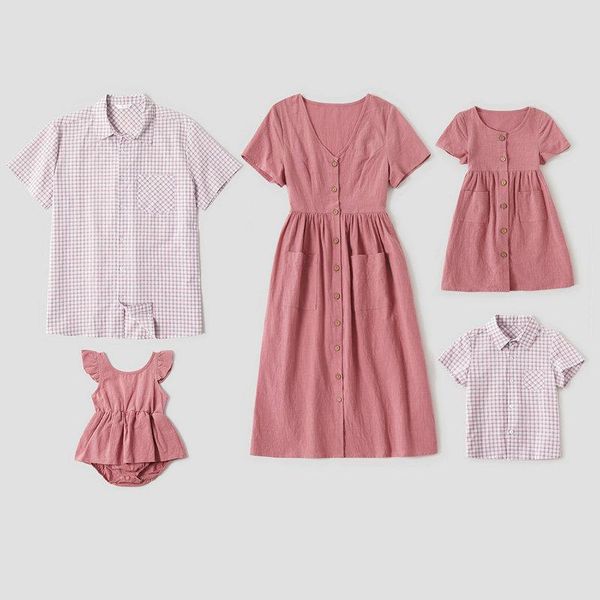 

family matching outfits plaid short sleeve tshirt for father son mother and daughter pink wedding party dress baby romper clothes outfit, Blue