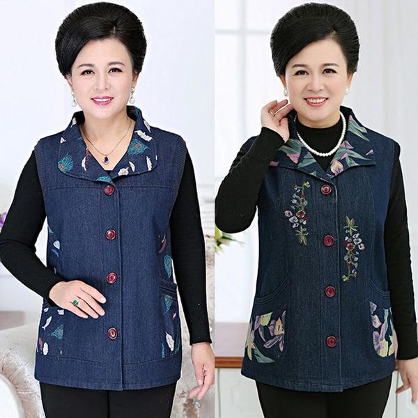 

women's vests middle-aged and elderly vest waistcoat spring autumn plus size denim embroidered sleeveless jacket grandma outfit, Black;white