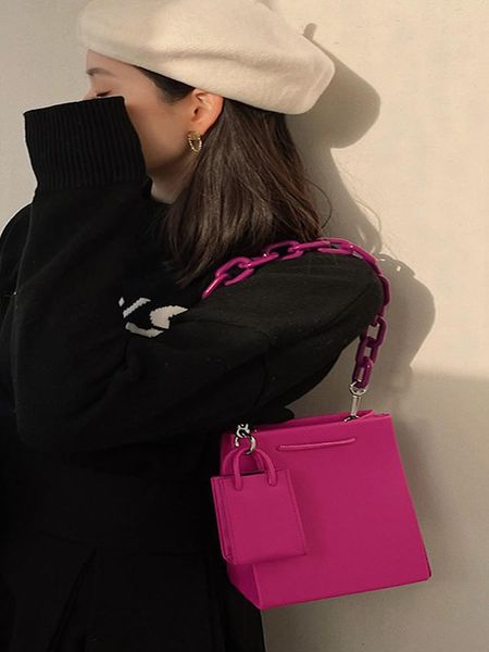 

pitaya color handbag acrylic chain lady's messenger bag solid pu leather handbags women bags fashionable purses shoulder