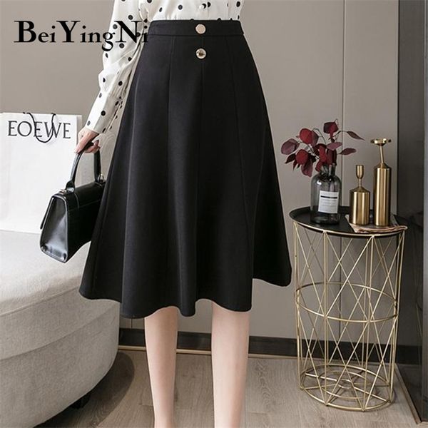 

elastic high waist skirt women streetwear vintage fashion buttons casual a line skirts ladies chic faldas saias 210506, Black