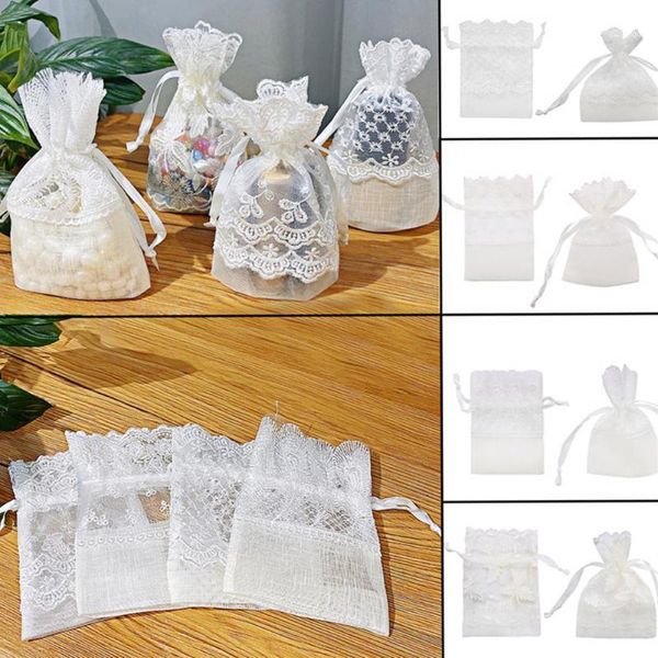 Borse di stoccaggio 10 pz nastro coulisse con cordoncino bianco pizzo regali di matrimonio borsa valentia's day regalo imballaggio custodia gioielli confezione tela goccia di canvas