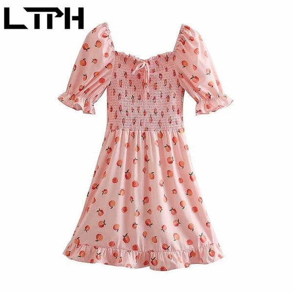 

ltph sweet vintage square collar puff sleeve women dress peach print high waist elastic ruffles dresses spring summer 210423, Black;gray