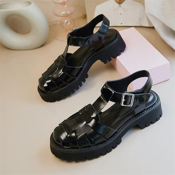 

sandals 2021 thick-soled wedge mid-heel shoes t-shaped round toe women's buckle summer black style