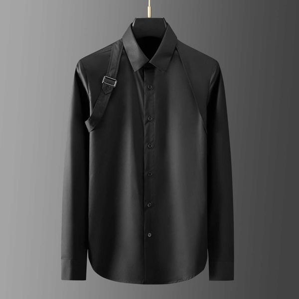 

minglu cotton male shirts luxury metal buckle long sleeve casual mens dress fashion slim fit party solid color man 210721, White;black