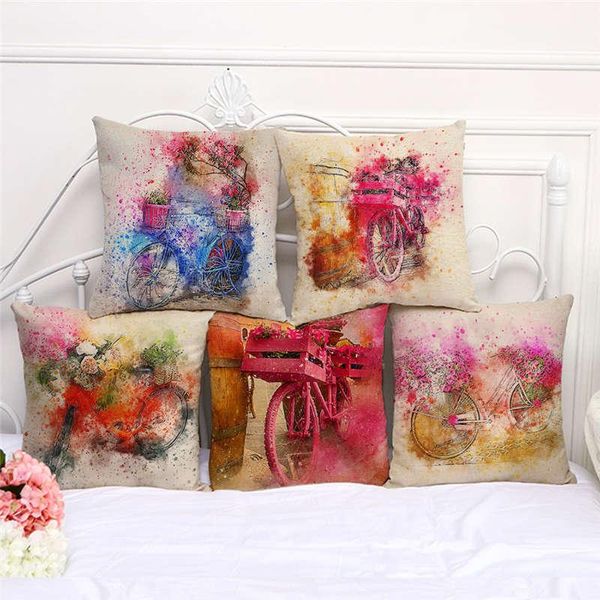 

pillow case throw cases watercolor bicycle bike draw cushion cover 45x45cm home living room decoration linen/cotton pillowcover decor