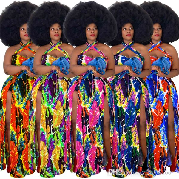 

sleeveless women long maxi dresses fashion digital printed loose large fat womens halter split open neck dress plus size xl-5xl, Black;gray