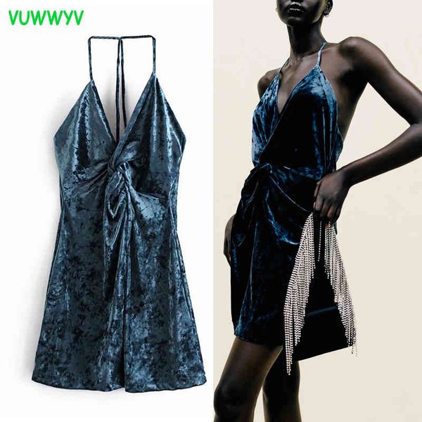 

vuwwyv blue velvet evening party woman dress backless thin strap mini women v-neck sleeveless slip vestidos knot 210430, Black;gray