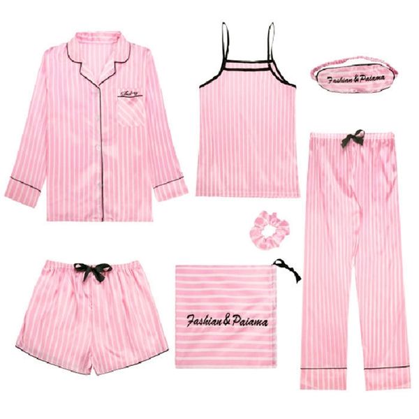 Lingering Impth kadın 7 Parça Pijama Setleri Faux İpek Çizgili Pijama Kadın Pijama Setleri İlkbahar Yaz Sonbahar Sweet Homewear 210330