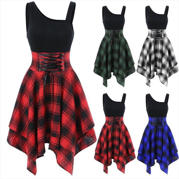 

fashion sleeveless shoulder cross womens dresses lace up plaid print irregular casual long girl female, Black;gray
