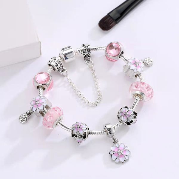 

16 to 21cm pink oriental cherry charm bracelet 925 silver snake chain flower beads fit diy wedding jewelry accessories for new year presents, Golden;silver