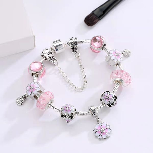 16 a 21cm Pink Oriental Cherry Charm Bracelete 925 Prata Corrente de Corrente Flor Grânulos Fit DIY Casamento Jóias Acessórios Para Ano Novo Presentes