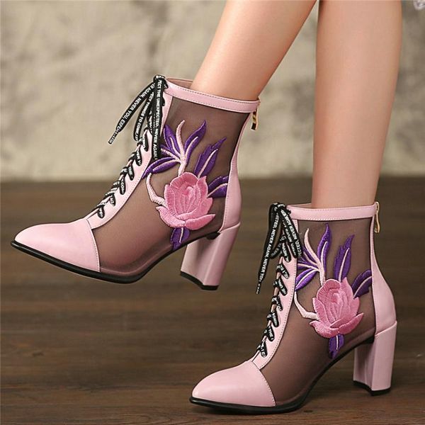 

embroider flowers mary janes women lace up cow leather high heel gladiator sandals summer pointed toe wedding party pumps shoes, Black