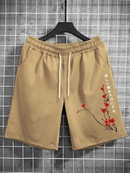 

men floral & japanese letter graphic drawstring waist shorts b5jb#, Black