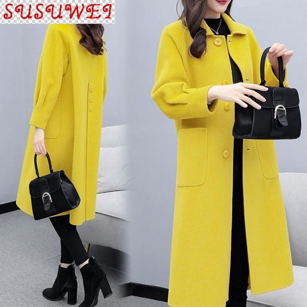 

mid-length coat female 2021 korean version of autumn and winter lanterns sleeves woolen over the knee jacket women's wool & blends, Black