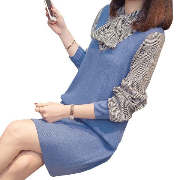 

women's sweaters 2021 autumn winter women plaid pacthwork pullover sweater dresses fashion female fake two pcs knitted cotton dress ves, White;black