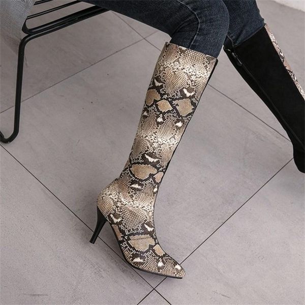 

dress shoes 2021 fashion snakeskin pointed slim heel boots women's elastic single suede splicing high, Black