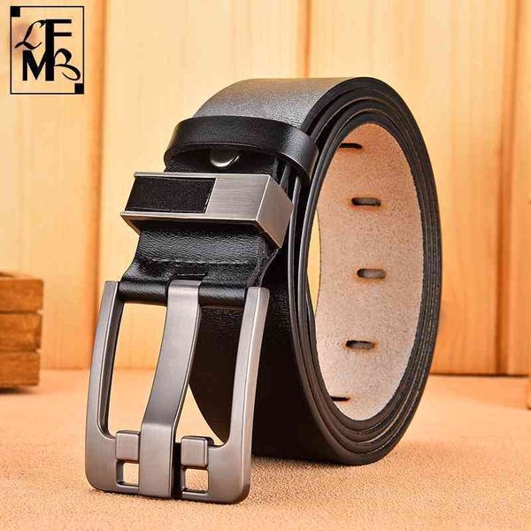 

[lfmb]cow genuine leather luxury strap male belts for large plus size100-160cm vintage pin buckle men belt high quality, Slivery;black