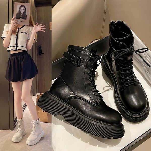 

boots white ankle female shoes flat heel lace up luxury designer round toe boots-women low ladies fashion summer autumn rubber m, Black