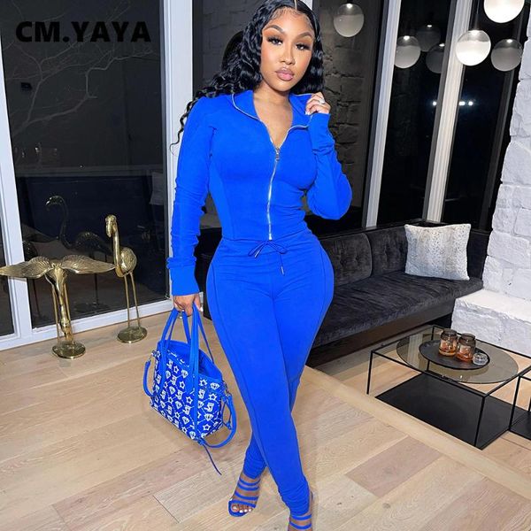 

women's two piece pants cm.yaya women suits solid zip slim + pencil 2 sets fashion outfits active tracksuit female autumn, White